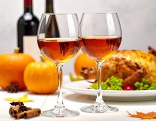 Festive fall scene with two wine glasses, pumpkin, roasted turkey