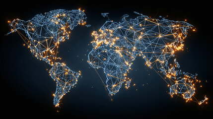 A network of glowing lights connected across the world map, representing global connections and technological advancement