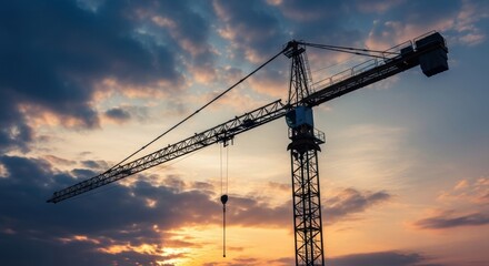 Tall crane at sunset: majestic construction silhouette against evening sky