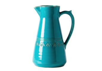 Isolated Turquoise ceramic pitcher for serving beverages like water or lemonade, no background