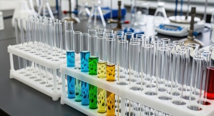 Colorful chemical solutions in laboratory test tubes on black countertop