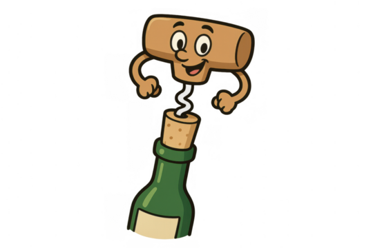 Anthropomorphic cartoon corkscrew opening a wine bottle with a happy expression, isolated on transparent background