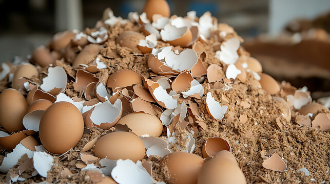 A close-up shot captures a diverse collection of eggshells, and whole eggs nestled amongst a granular substance, creating a textured and earthy still life. Decomposing food waste compost.