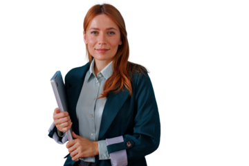Businesswoman holding laptop, smiling confidently and looking at camera, standing with transparent background