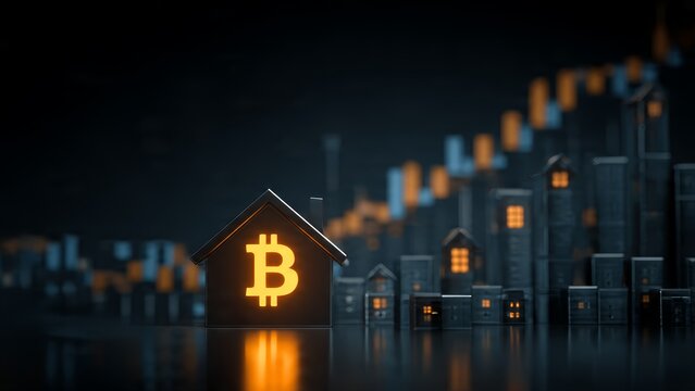 Illuminated Bitcoin house symbol stands in front of a city skyline and financial chart