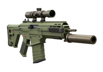 Isolated Modern Rifle With Scope And Suppressor Ready For Combat Or Target Practice Shooting
