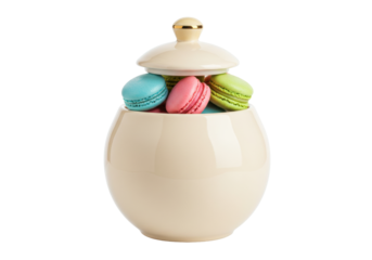 Isolated jar with colorful macarons with lid, confectionery delights in beige ceramic pot