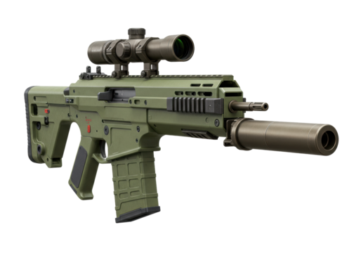 Isolated Modern Rifle With Scope And Suppressor Ready For Combat Or Target Practice Shooting