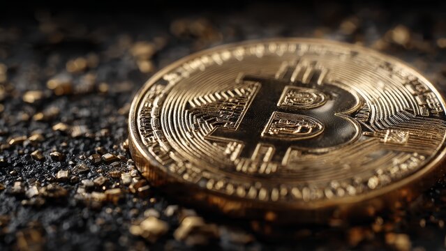 Detailed close up macro shot of a gold Bitcoin coin resting on a textured dark surface with small golden fragments