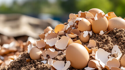 A mound of whole and cracked eggs sit on a bed of soil, bathed in natural light. The varying shades of brown and cream create a textured landscape against a blurry green backdrop.
