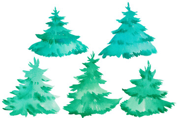 Fir tree set. Hand drawn watercolor pine tree isolated on white. Ideal for nature designs, patterns, forest scenes, eco-friendly decor, and seasonal themes, packaging, decorations, gifts, prints