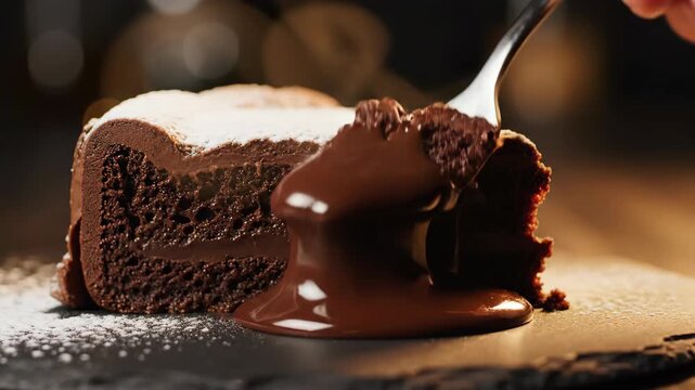 Rich slice of dark chocolate layer cake with molten filling and dusting of confectioners sugar being approached by a fork