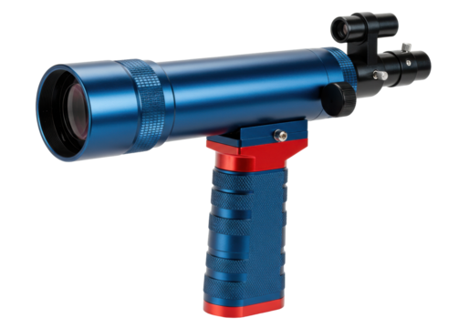 Isolated blue optical instrument hand-held with red trim, science, for visual perception