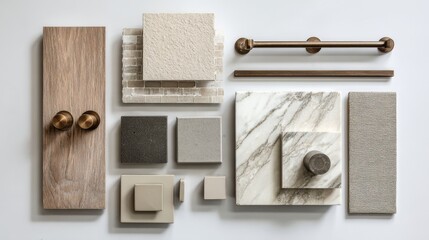 bathroom renovation moodboard with tile samples, faucet parts, marble