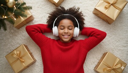 Young child in red sweater lies on fluffy rug with eyes closed, smiling, wearing white headphones, surrounded by gold-wrapped presents and twinkling Christmas tree lights.
