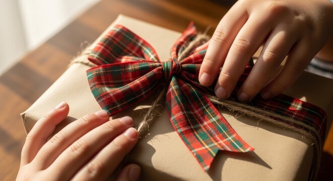 Close-up of hands arranging tartan ribbon bow on gift wrapped in brown paper with natural twine, warm sunlight creating soft shadows