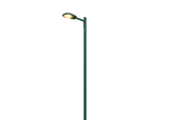 Isolated Green street light with energy saving lighting fixture, lamp post, no background