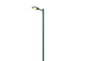 Isolated Green street light with energy saving lighting fixture, lamp post, no background
