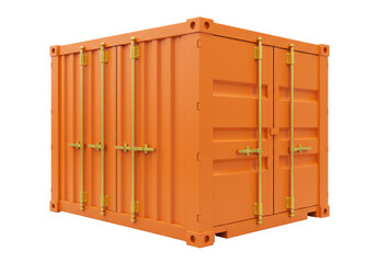 Isolated orange shipping container, metal doors closed tight, industrial freight equipment