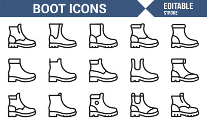 Modern line icons depicting various boot designs for clothing and lifestyle themes