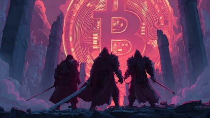 Three armored warriors stand before a giant illuminated Bitcoin symbol amidst ancient ruins