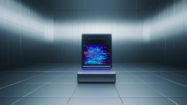 A monitor displays code in a sleek, metallic room with tiled floor