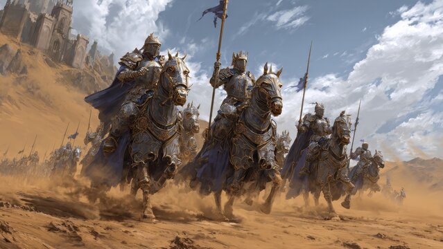 A medieval army of knights on horseback rides through a dusty desert landscape towards a castle