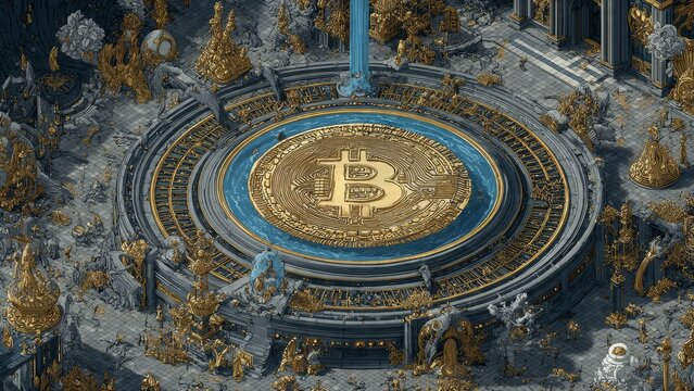 Golden Bitcoin symbol in a circular fountain surrounded by ornate classical architecture and sculptures isometric view