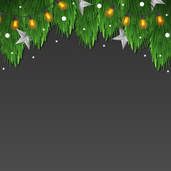 Dark Christmas background, Christmas tree with decorations, toys and gifts, white background under the text