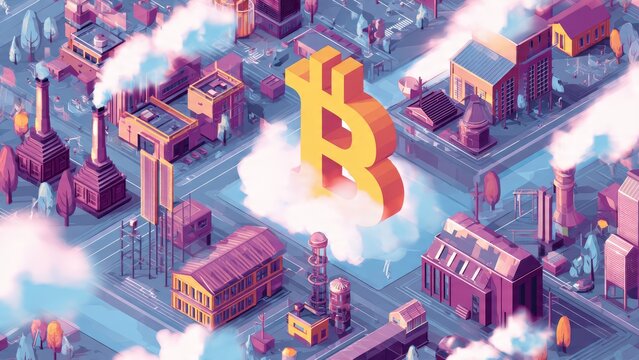Isometric cityscape with smoking factories and a large golden Bitcoin symbol hovering above clouds