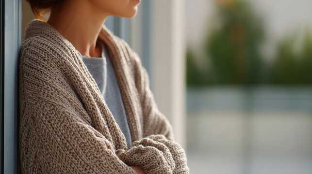 Close-up of a woman wearing a cozy knitted cardigan standing indoors near a window with arms crossed, looking contemplative and relaxed