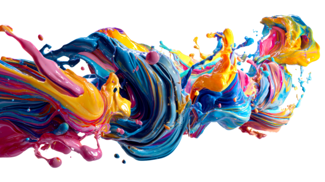 Colorful liquid splashes and swirls against white background