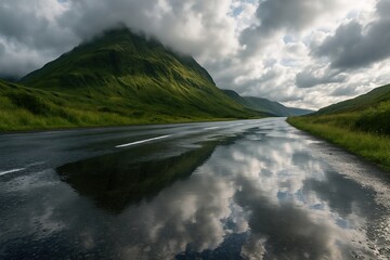 a wet road between green mountain in deep cloudy weather and clean environment after rain