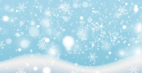 White falling snow, big snowdrifts, different snowflakes, festive Christmas background
