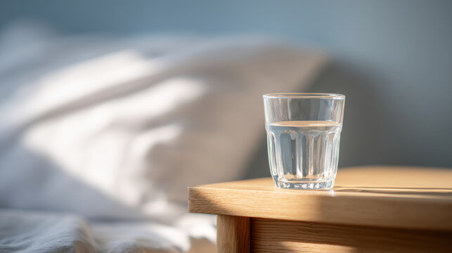 Clear glass of water placed on wooden bedside table with soft natural light and blurred bed background in cozy bedroom setting