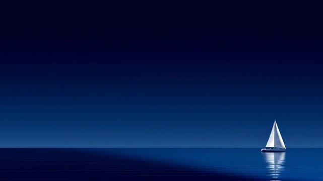 A solitary sailboat floats on a calm, dark blue ocean under a deep, cloudless sky