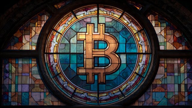 Golden Bitcoin symbol illuminated in a richly colored circular stained glass window detailed artistry