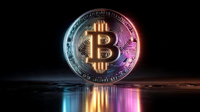 A glowing golden Bitcoin symbol with colorful neon rim lighting against a dark background