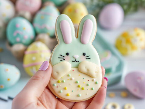 Hand holding pastel Easter bunny cookie with colorful icing