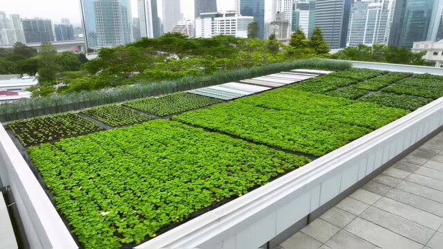 Elevated rooftop urban farm with various green crop plots