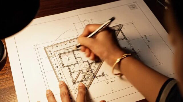 Hands drawing architectural floor plan with drafting tools under warm light