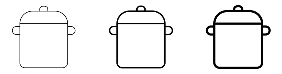 Versatile cooking pot icon set in black and white, featuring clean lines and varied stroke weights, perfect for modern culinary, kitchen, food preparation, and household appliance vector designs