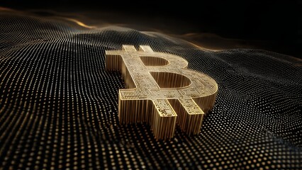 3D golden Bitcoin symbol with circuit board texture on a dark shimmering digital wave background