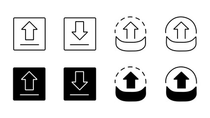 Monochromatic set of user interface upload and download vector icons, featuring various outline and filled styles with square and rounded shapes for web and app design.
