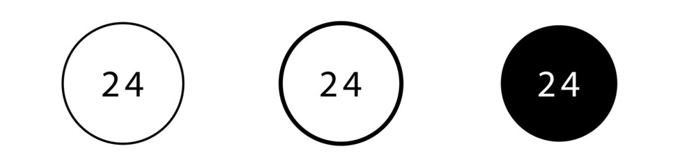 Set of three monochrome 24-hour service availability vector icons, symbolizing constant support, round-the-clock assistance, and continuous business operation.