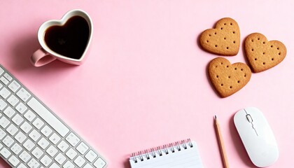 Pink flat lay workspace with heart-shaped coffee cup and cookies — romantic office desk setup...