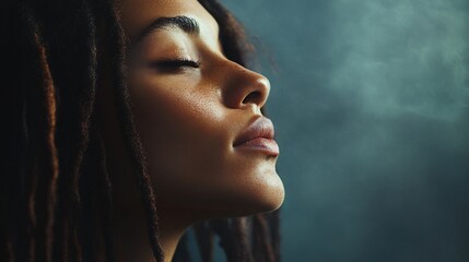 Contemplative woman with dreadlocks in studio