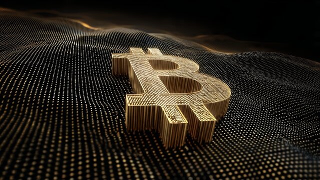 3D golden Bitcoin symbol with circuit board texture on a dark shimmering digital wave background - Powered by Adobe