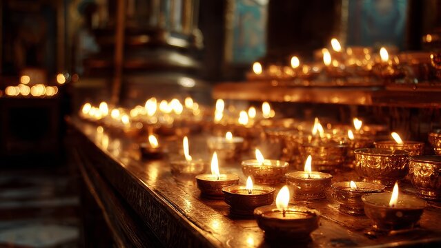 Many lit votive candles with flames glowing in a dimly lit interior creating warm light