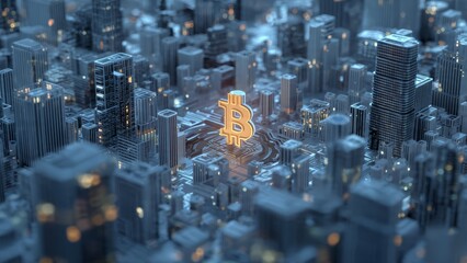 Golden Bitcoin symbol glowing amidst a futuristic cityscape with illuminated buildings